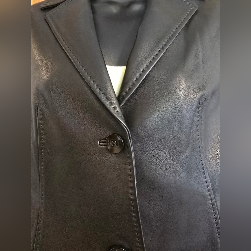 Womans Classic Black Leather Blazer Jacket Tailored Cut Office Biker Size Large - Picture 6 of 13